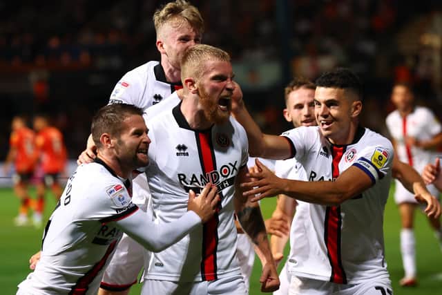 Oli McBurnie celebrates scoring for Sheffield United at Luton Town on Friday night: David Klein / Sportimage