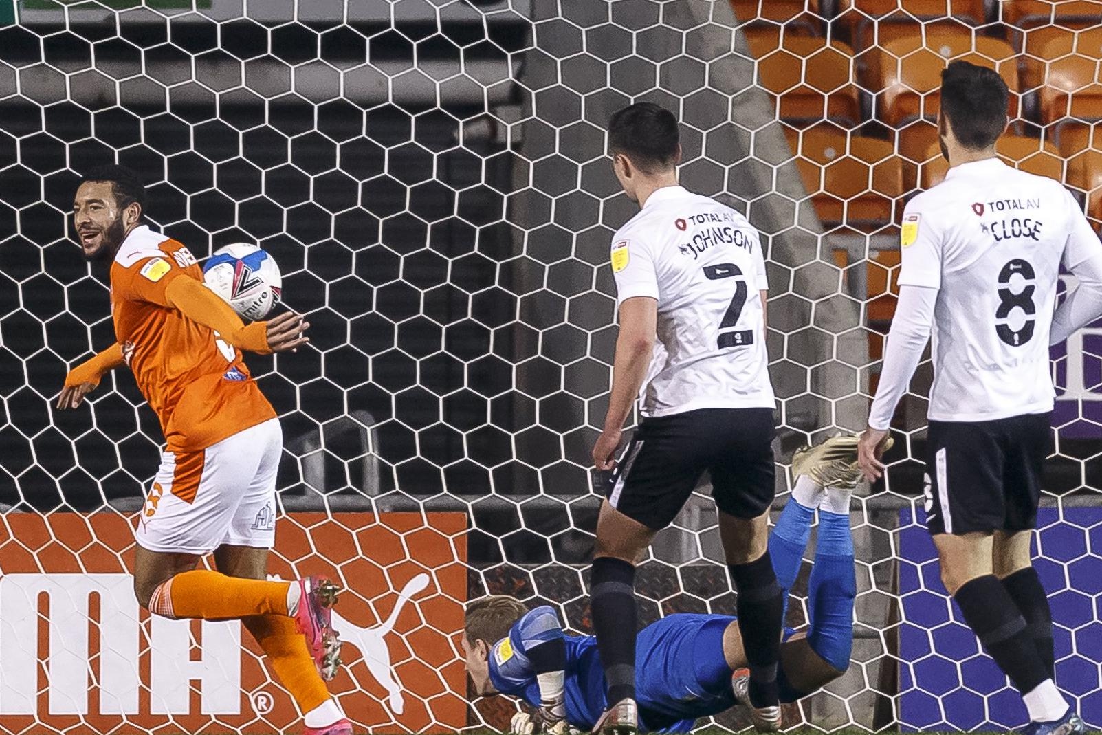 Keshi Anderson of Blackpool scores their first goal to make the score 1-0 during the Sky Bet League One match between Blackpool and Portsmouth at Bloomfield Road on December 1st 2020 in Blackpool, England. (Photo by Daniel Chesterton/phcimages.com)