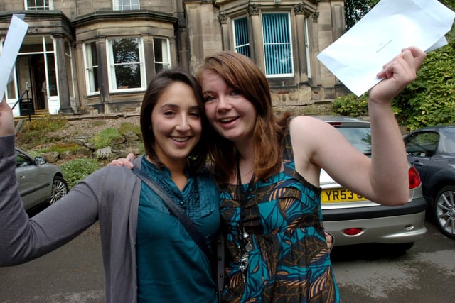 Sara Akhavan-Hezaveh, left, and Hannah Groombridge, who each got 10 A*s and 1 A, in August 2008