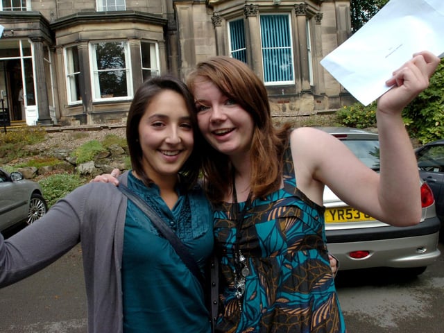 Sara Akhavan-Hezaveh, left, and Hannah Groombridge, who each got 10 A*s and 1 A, in August 2008