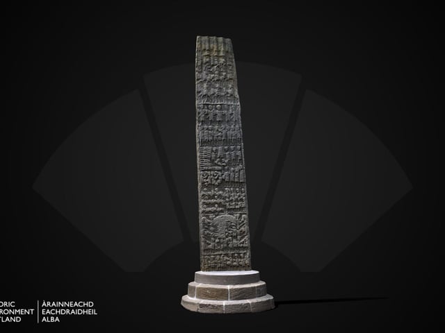 Now housed in an armoured glass box on the outskirts of Forres in Moray,  this is the largest surviving Pictish stone of its type in Scotland and stands over 7 metres high. It features an elaborate Celtic cross and perhaps a Royal inaugration. A large battle scene is also depicted complete with horsemen, armed foot soldiers and decapitated warriors.