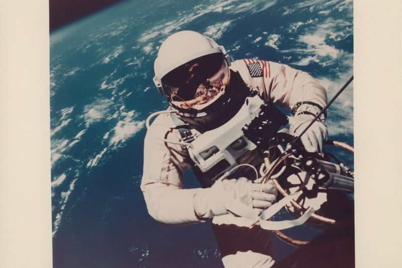 A vintage chromogenic print of American astronaut Ed White during the first U.S. spacewalk. The image shows him taking his historic 23 minute space walk on June 3, 1965, attached to the Gemini 4 spacecraft by a 7.6 metre tether line 
As well as being the first still photograph of a human in space, the shot is also the first taken by another human (James McDivitt), as up until that moment all images released, were taken by television or monitoring cameras. This photograph, estimated to fetch £1,000-£2,000 is the first in a series of photographs taken by McDivitt of Ed White, during the first US spacewalk, several of which are included in the sale.