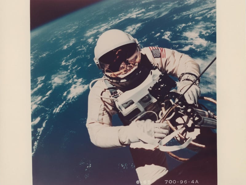A vintage chromogenic print of American astronaut Ed White during the first U.S. spacewalk. The image shows him taking his historic 23 minute space walk on June 3, 1965, attached to the Gemini 4 spacecraft by a 7.6 metre tether line
As well as being the first still photograph of a human in space, the shot is also the first taken by another human (James McDivitt), as up until that moment all images released, were taken by television or monitoring cameras. This photograph, estimated to fetch £1,000-£2,000 is the first in a series of photographs taken by McDivitt of Ed White, during the first US spacewalk, several of which are included in the sale.