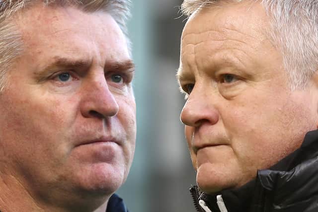 Sheffield United boss Chris Wilder is set to lock horns with Dean Smith, manager of relegation-threatened Aston Villa. Photos: Dan Istitene/Getty Images and Bryn Lennon/Getty Images