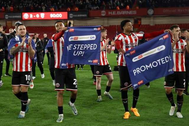 A date has been set for an open top bus celebration for Sheffield United's promotion to Premier League. Picture shows Blades players after their win over West Bromwich Albion sealed promotion. PIcture:  Darren Staples / Sportimage