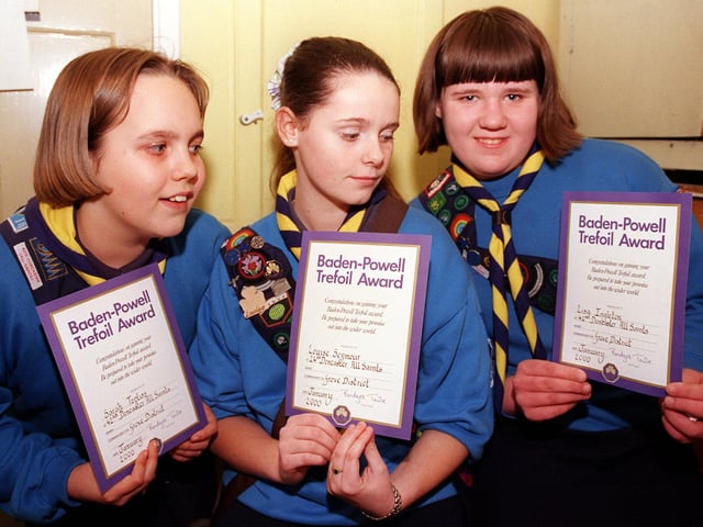 Pictured with their Baden-Powell Trefoil Awards were, Sarah Topliss (left) and Lisa Ingleton (right), both of the 42nd Doncaster All Saints Guide Unit, and Louise Seymour, of the 24th Doncaster All Saints Guide Unit. All three were aged 13.