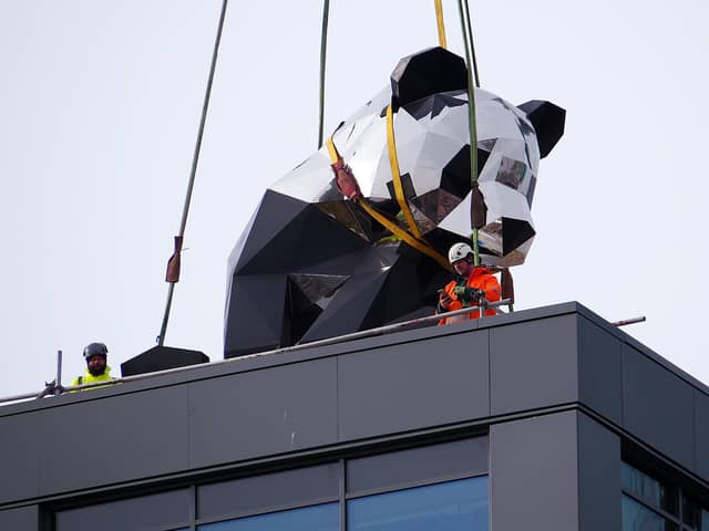 The giant rooftop panda sculpture is installed at New Era Square