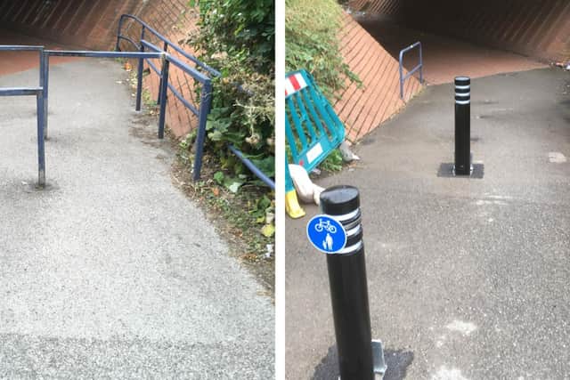 Before and after barrier removal on the cycle route under the tram tracks at Upperthorpe