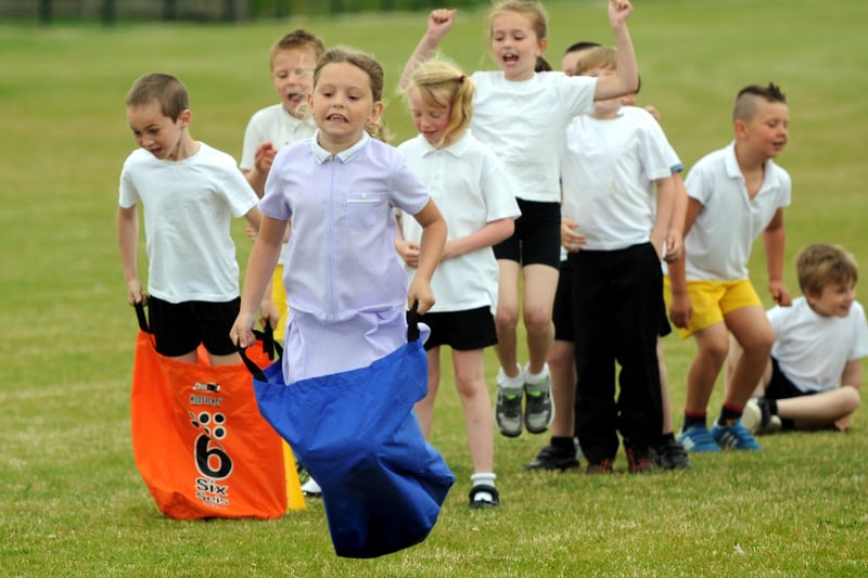 Hebburn Lakes Primary School pupils practice the sack race for sports day in 2014.