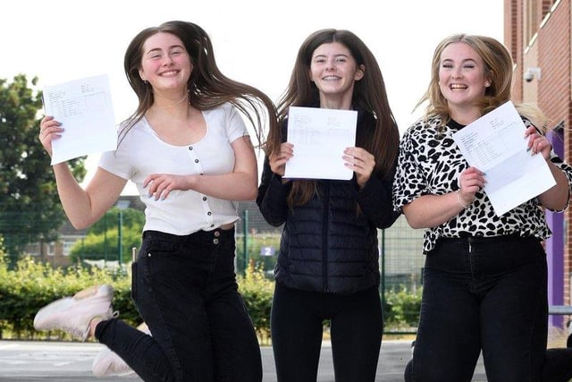 Manor Community Academy pupils Miazie Hunter, Katie Sharp and Garce Boddy Jump for joy after receiving their GCSE results.