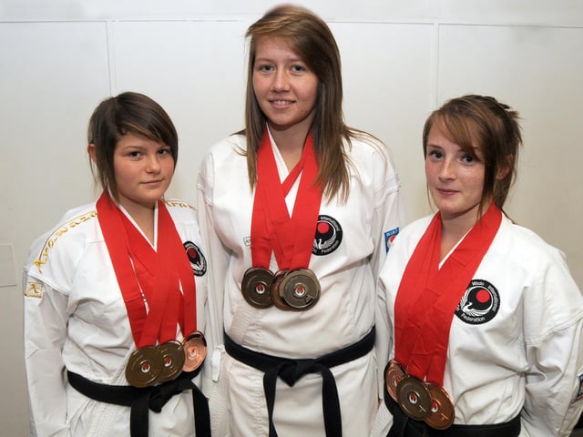 Mansfield Karate World Championship Medalists pictured are; Emily Keeling, Megan Whalley and Bailey Lowe in 2011