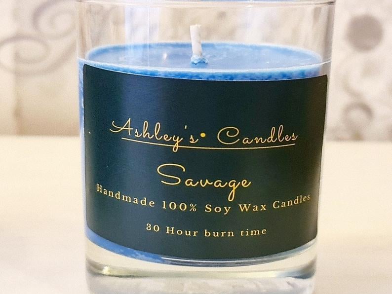 AshleysCandlesShop sells soy wax melts and candles. This candle is names Savage.