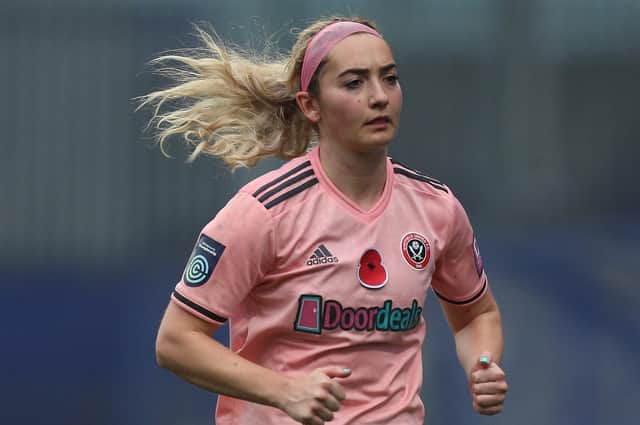 Maddy Cusack of Sheffield United in action during the Barclays FA Women's Championship match between Liverpool and Sheffield United at Prenton Park on November 08, 2020 in Birkenhead, England. Maddy died on September 20, 2023 (Picture: Lewis Storey/Getty Images)