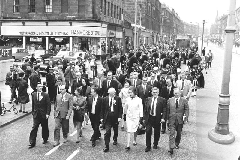 A Scottish Miners' Gala Day led by Alex Moffat and NUM leader Mick McGahey (far left) march down Leith Walk on their way to Leith Links in June 1966.