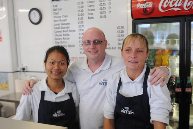 Mick and Phornphimol Stafford pictured inside King Oswy fish and chip shop with staff member Gemma Arkwright in 2012.
