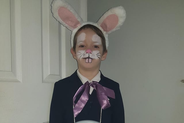 Sonny, aged 8, looks great (and late, for a very important date) as the White Rabbit from Alice in Wonderland.