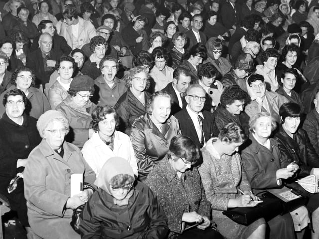 Bingo players eagerly check their cards at a packed-out Falkirk ice rink in October 1967