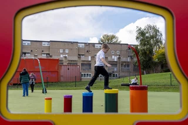 Blaise Hallewell (8) enjoys the new playground on Westfield Northway. Picture Scott Merrylees