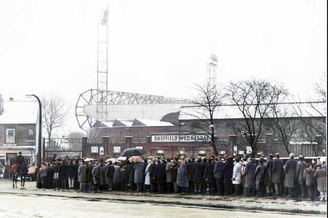 This colourised picture show fans queuing up for FA Cup tickets outside Sheffield Wednesday's Hillsborough stadium in the 1960s