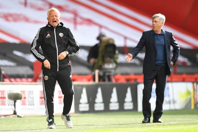 Chris Wilder saw his Sheffield United side lose 1-0 to Everton at Bramall Lane tonight, a defeat which all but ends the Blades' hopes of qualifying for Europe. (Photo by PETER POWELL/POOL/AFP via Getty Images)