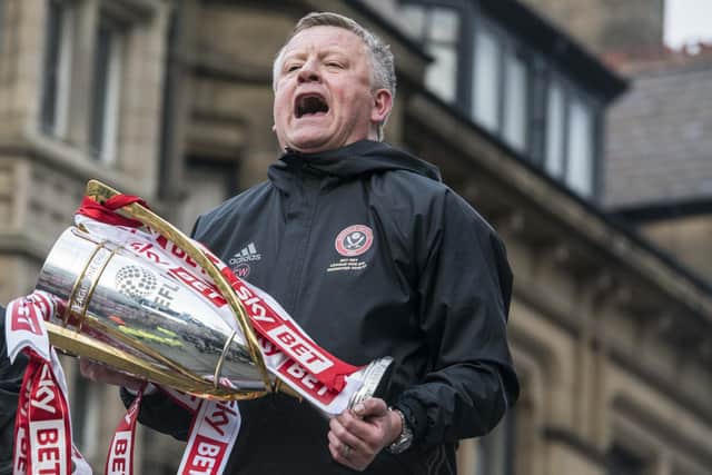 Sheffield United manager Chris Wilder celebrates winning promotion to the Championship - Dean Atkins