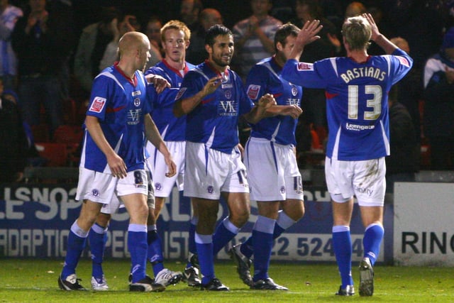 Lester celebrates his first-half hat-trick against Lincoln City in 2007.