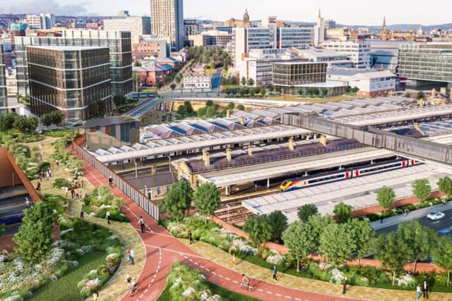 Impression of a redeveloped Midland Station including large footbridge and two offices on Sheaf Square.