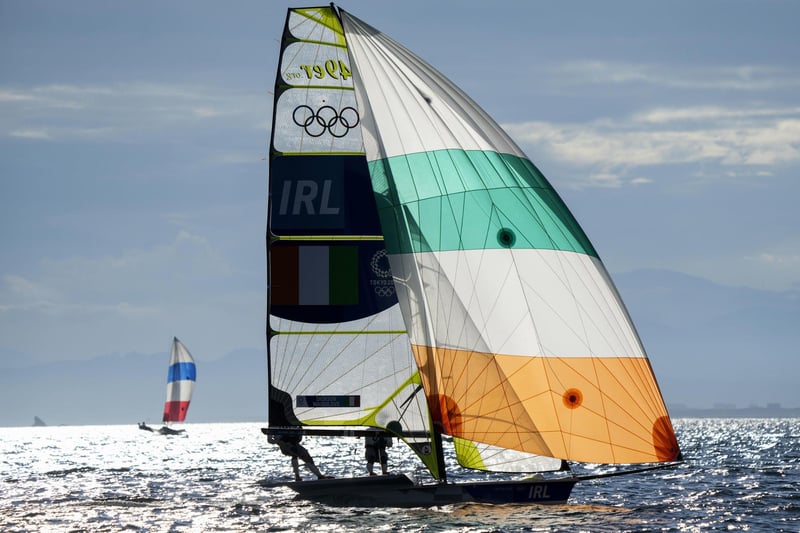 Ireland's Sean Waddilove and Robert Dickson compete during the 49er men race at the Enoshima harbour during the 2020 Summer Olympics