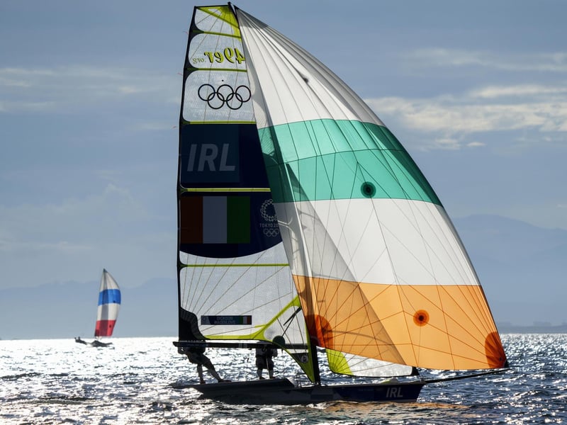 Ireland's Sean Waddilove and Robert Dickson compete during the 49er men race at the Enoshima harbour during the 2020 Summer Olympics