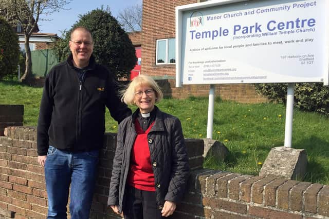 Reverend Julie Upton outside the Temple Park Centre with Community Minister Simon Loveitt