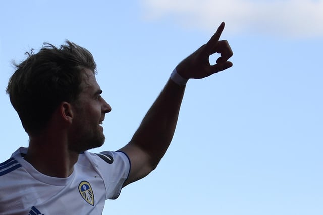 Striker Patrick Bamford celebrates after scoring Leeds United's third.