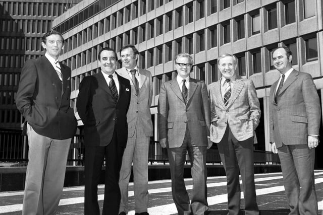 The Scottish Office ministerial team in Edinburgh, April 1976 - l-r: Hugh Brown (Under-Secretary of State). Gregor Mackenzie, Lord Kirkhill (Minister of State), Bruce Millan (Secretary of State for Scotland), Frank McElhone and Harry Ewing (Under-Secretary of State).