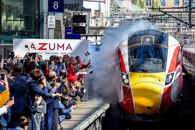 LNER preview of its new Azuma trains at Kings Cross Station in 2019. The trains use Japanese bullet technology, and were built in County Durham.