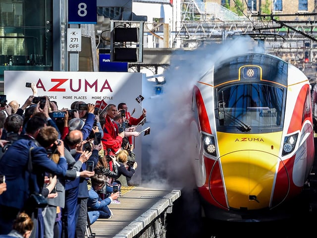 LNER preview of its new Azuma trains at Kings Cross Station in 2019. The trains use Japanese bullet technology, and were built in County Durham.