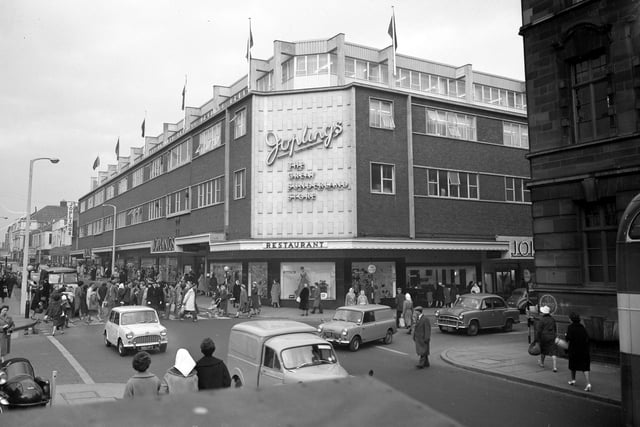 The store rose from the ashes and enjoyed great times once more. Shoppers galore are pictured outside Joplings in July 1963.