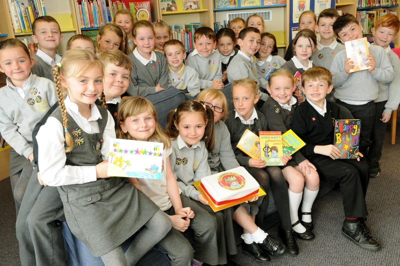 Toner Avenue Primary School pupils celebrate Horrid Henry's 20th anniversary at Hebburn Library in 2014.