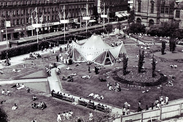 Summer view of Sheffield Peace Gardens June 1975