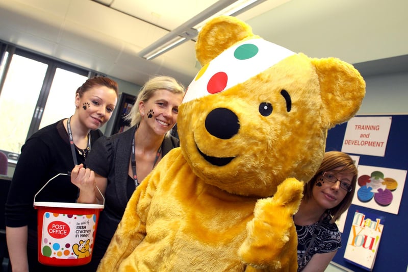 The Post Office staff at Future Walk got a visit from Pudsey on Wednesday to promote their sale of paw transfers. Stecey Beresford, Kay wilson and Jenny Smith are pictured with Pudsey in 2012