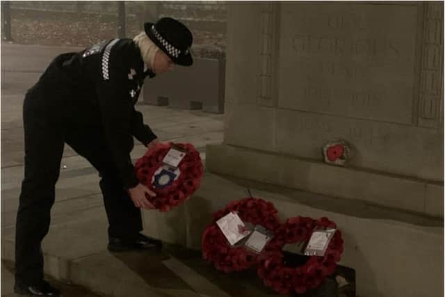 Police in Doncaster lay wreaths at the war memorial.