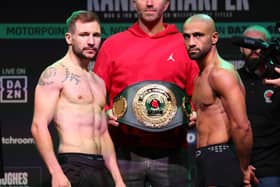 Maxi Hughes and Kid Galahad (right) ahead of their IBO World Lightweight bout, with promoter Eddie Hearn: Mark Robinson Matchroom Boxing