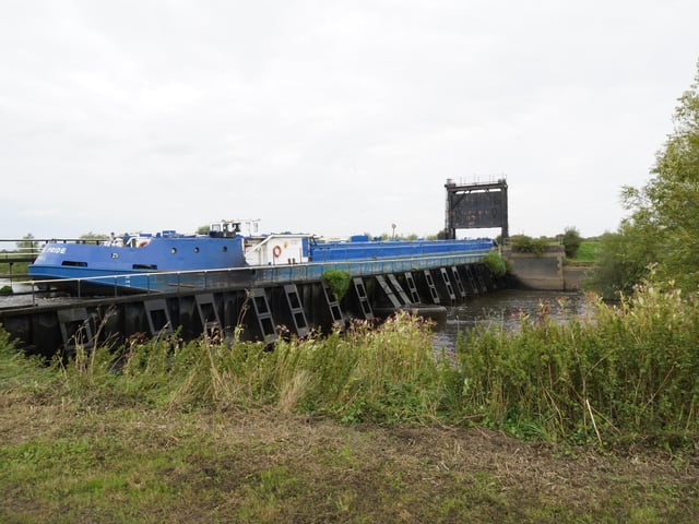 The giant Oil tanker Exol Pride crossing The Kirk Bramwith aqueduct on its way from Rotherham to Immingham.