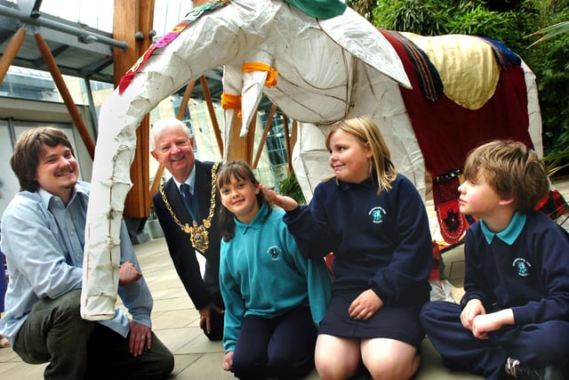 Pictured at the launch of Sheffield Childrens Festival 2007 at the Winter Gardens. Pictured are children from Wharncliffe Side Primary School Hannah Kaye,Holly Dickinson, and Stephen Meadows along with artist Theo Wickenden(left) showing off the giant Elephant they made to the Lord Mayor of Sheffield Cllr Arthur Dunworth