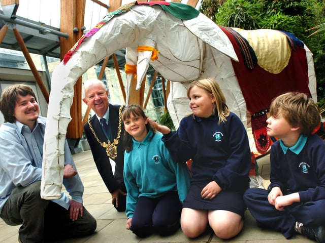 Pictured at the launch of Sheffield Childrens Festival 2007 at the Winter Gardens. Pictured are children from Wharncliffe Side Primary School Hannah Kaye,Holly Dickinson, and Stephen Meadows along with artist Theo Wickenden(left) showing off the giant Elephant they made to the Lord Mayor of Sheffield Cllr Arthur Dunworth
