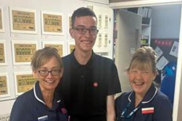 Thomas Newton with Jessop Wing staff on his return to the hospital where he was born weighing two pounds. He is now aged 18.