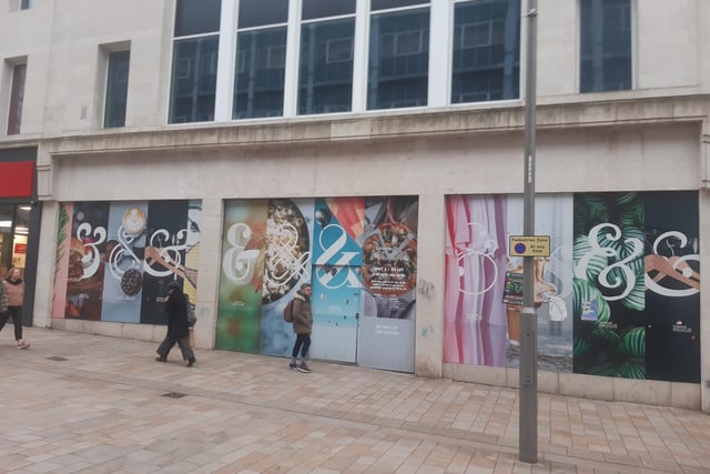 This empty shopping unit at the top of The Moor in Sheffield city centre has been unoccupied for many months after that end of the street was redeveloped. It is beside Five Guys restaurant, which opened last summer, with H&M occupying the large corner spot