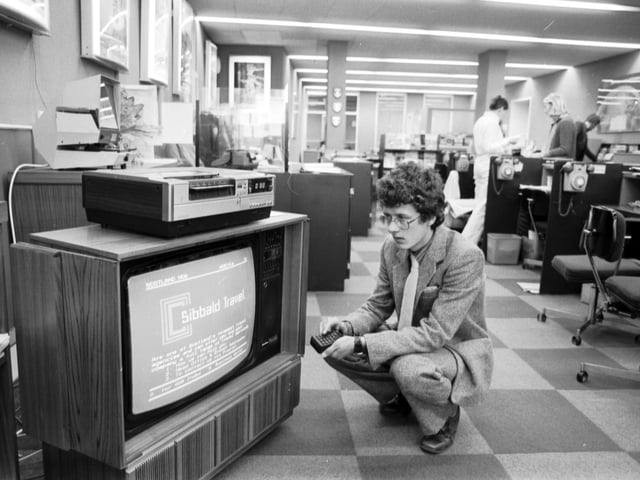 British Telecom promoted Prestel in Edinburgh in August 1980 - Sibbald Travel used the forerunner of today's on-line information databases. A television set hooked up to a dedicated terminal was used to receive information from a remote database via a telephone line.