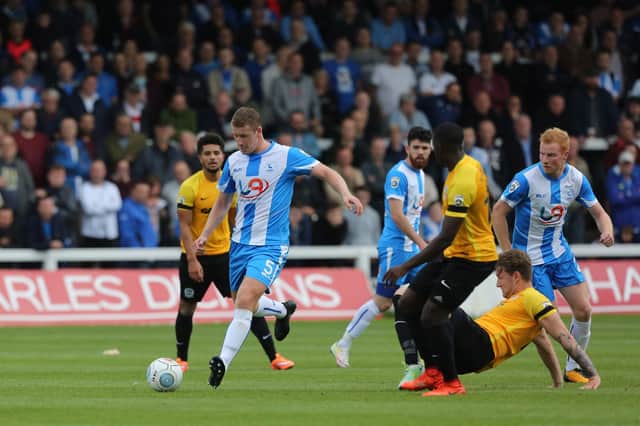 Scott Harrison of Hartlepool United clears from defence during the Hartlepool United vs Dover Athletic in the Vanarama National League match at Victoria Park.