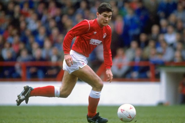 Nottingham Forest runs with the ball during his side's 2-1 win over Liverpool at the City Ground in 1988. Clough would go on to score 102 times for his beloved Forest.