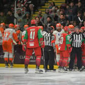 Sheffield Steelers and Cardiff Devils players are involved in an altercation