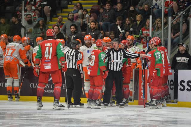 Sheffield Steelers and Cardiff Devils players are involved in an altercation